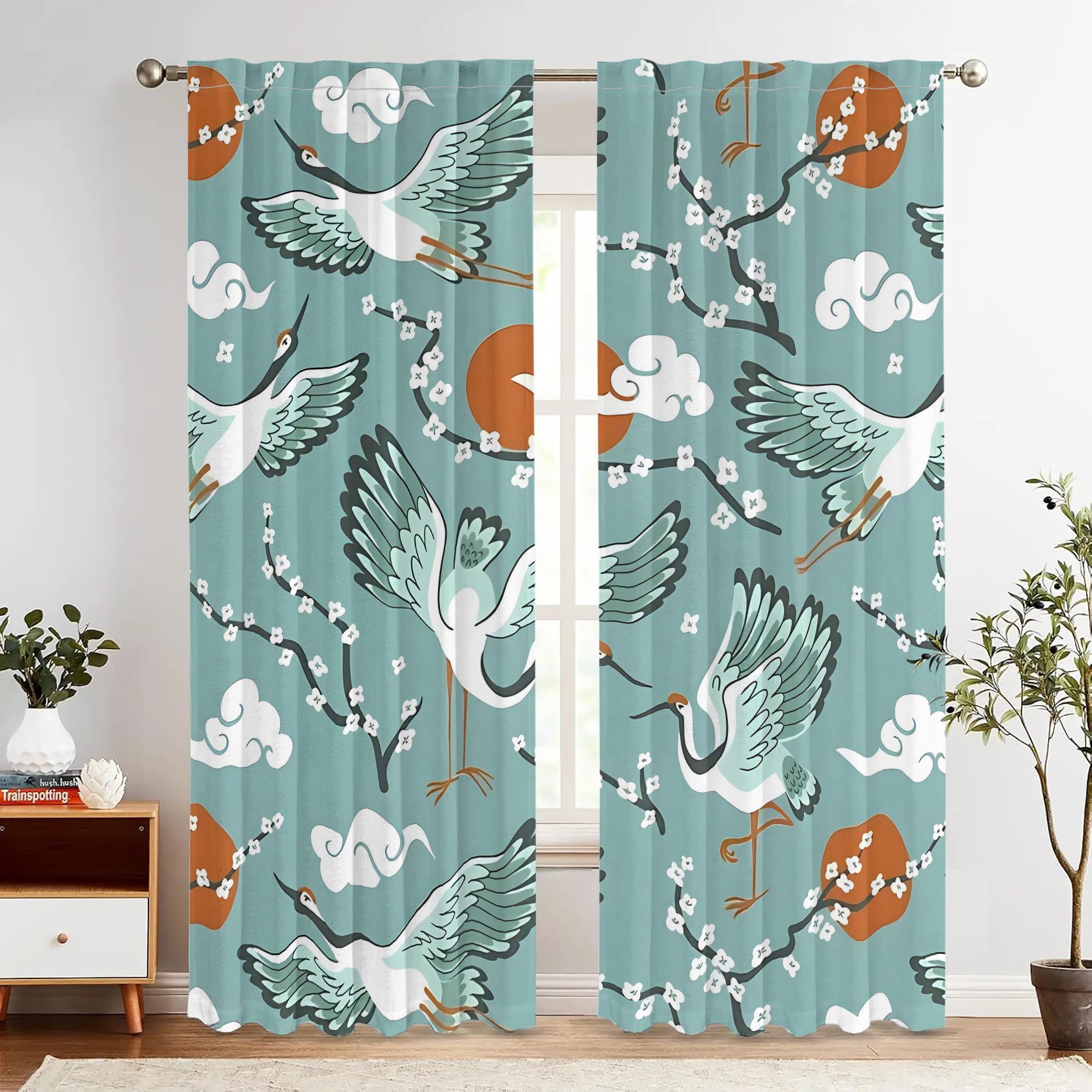 Home Office Japandi - Cortinas Elegantes em Aquarela Verde-azulado com
