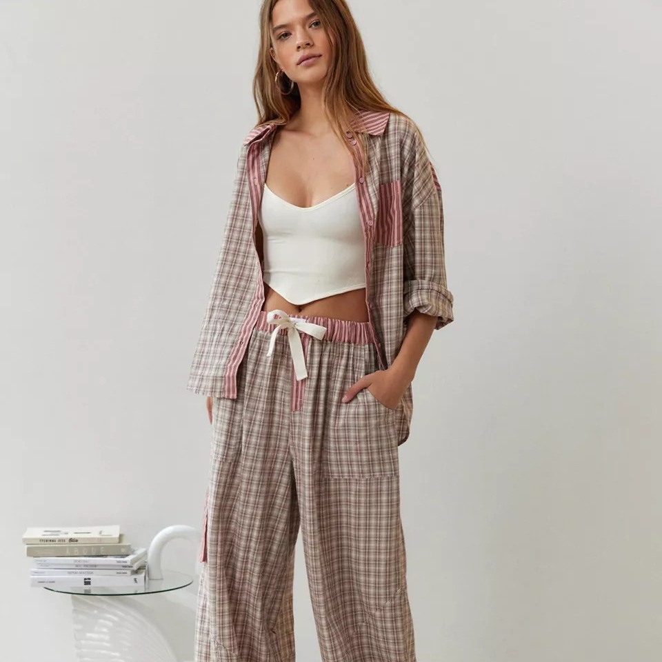 Home Office 2024 - Listra xadrez retalhos blusa feminina e