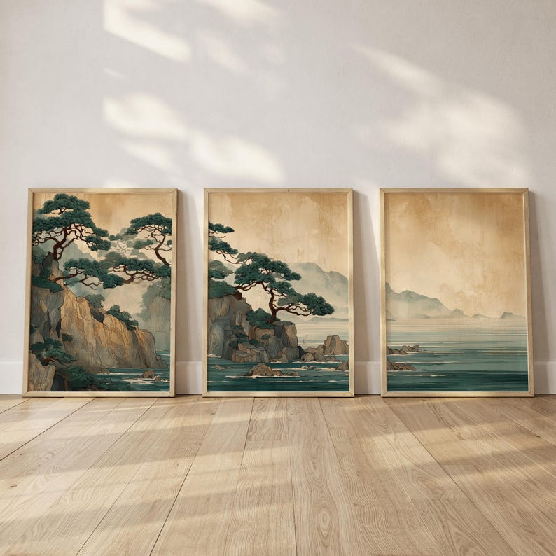 Home Office Japandi - Conjunto de 3 Impressões de Arte